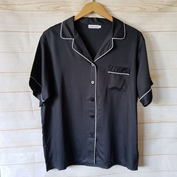 Ettitude Sateen Bamboo PJ Pajama Lounge Sleep Shirt Black Short Sleeve Large - Picture 1 of 7